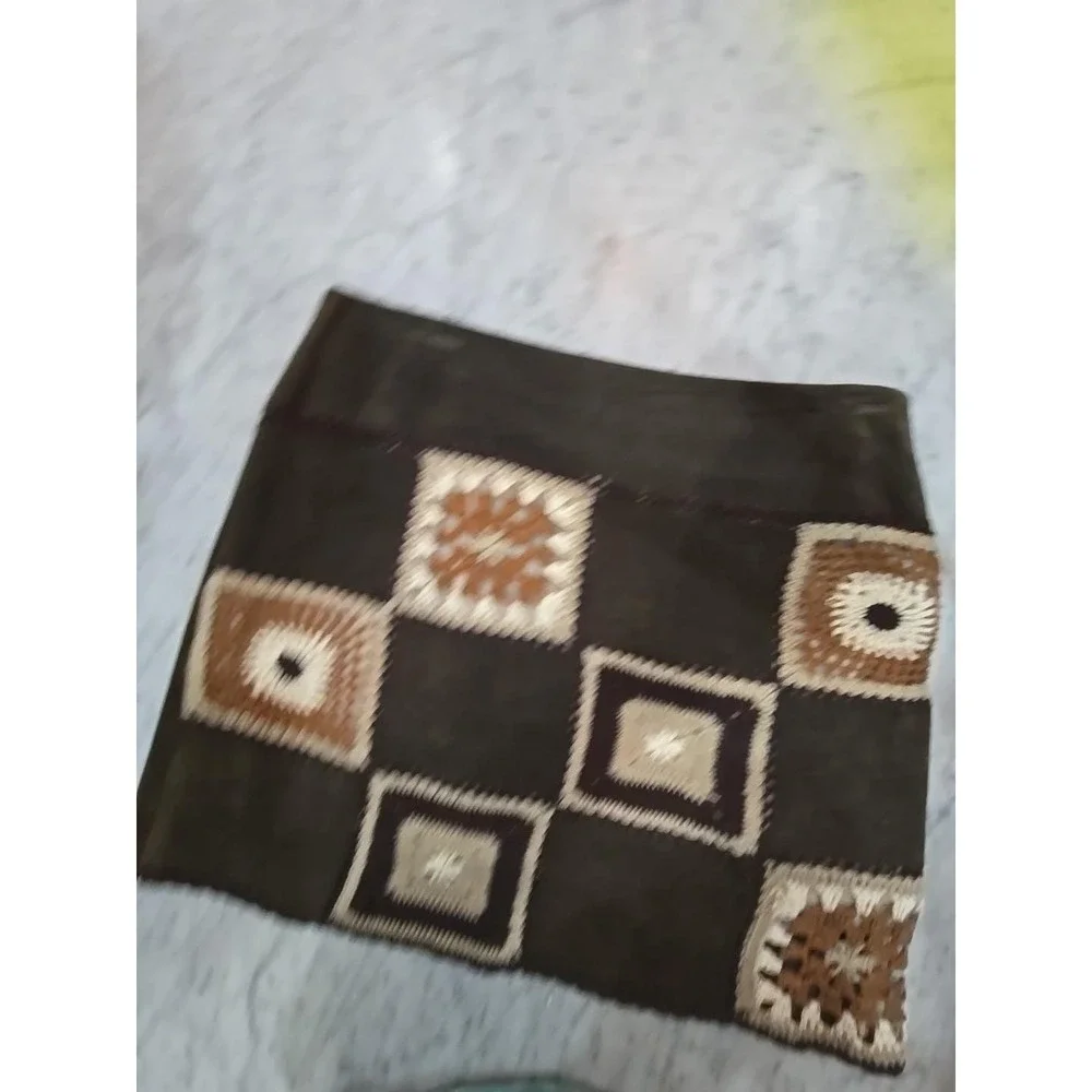 Genuine leather‎ crochet mini skirt brown Sz7 lining side zipper
